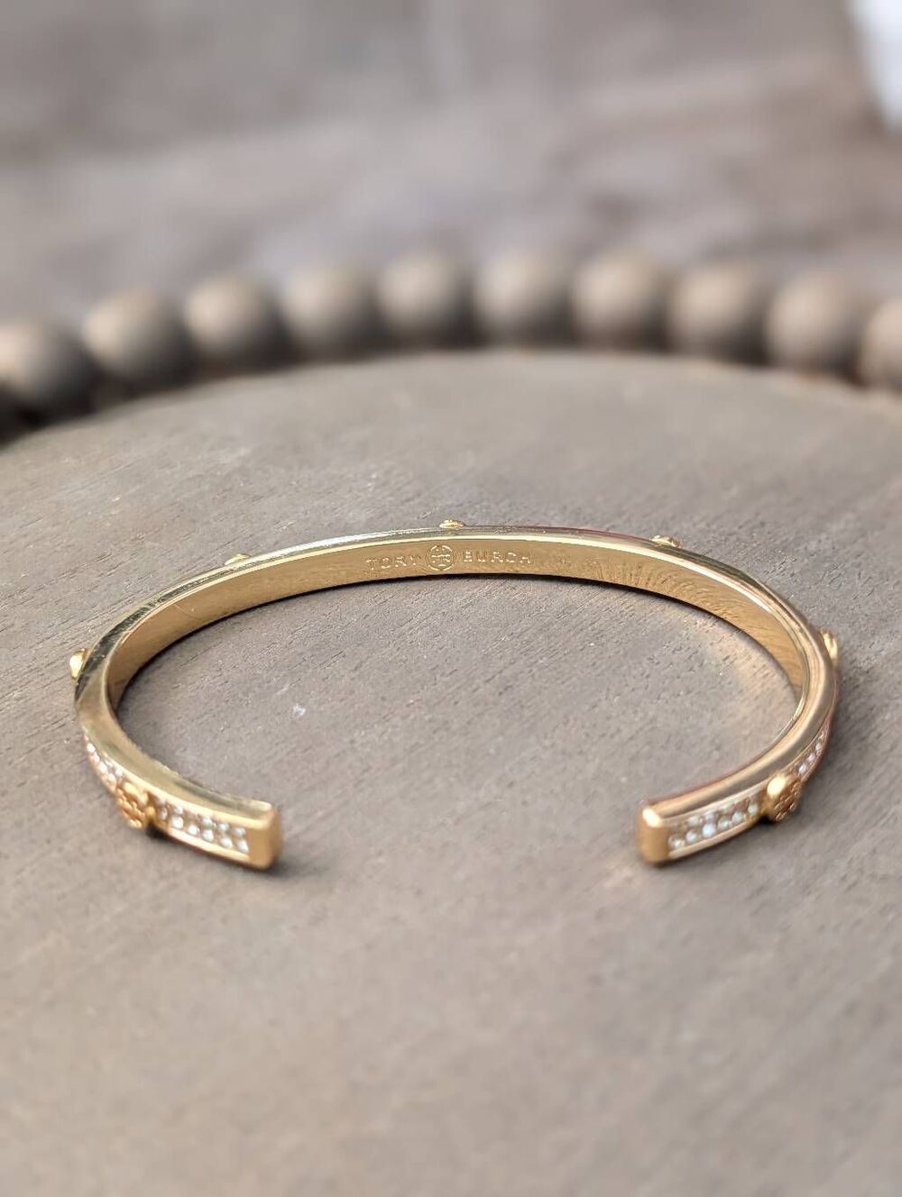 TORY BURCH Miller Pave Studded Gold Tone Cuff Bangle - Picture 2 of 3